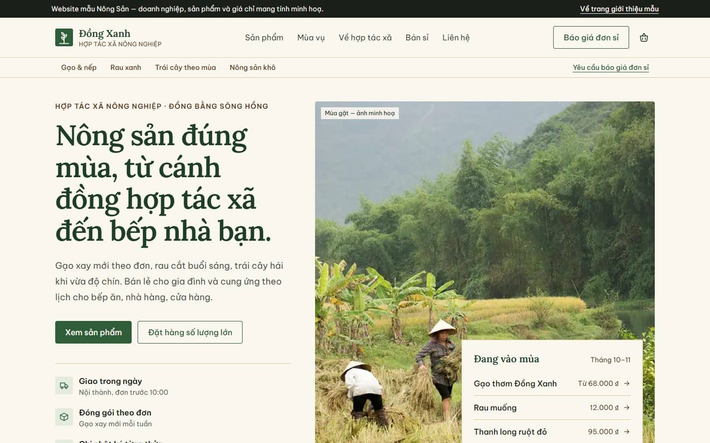 Ảnh chụp trang chủ mẫu Nông Sản: tiêu đề hợp tác xã, ảnh cánh đồng lúa và danh sách nông sản đang vào mùa