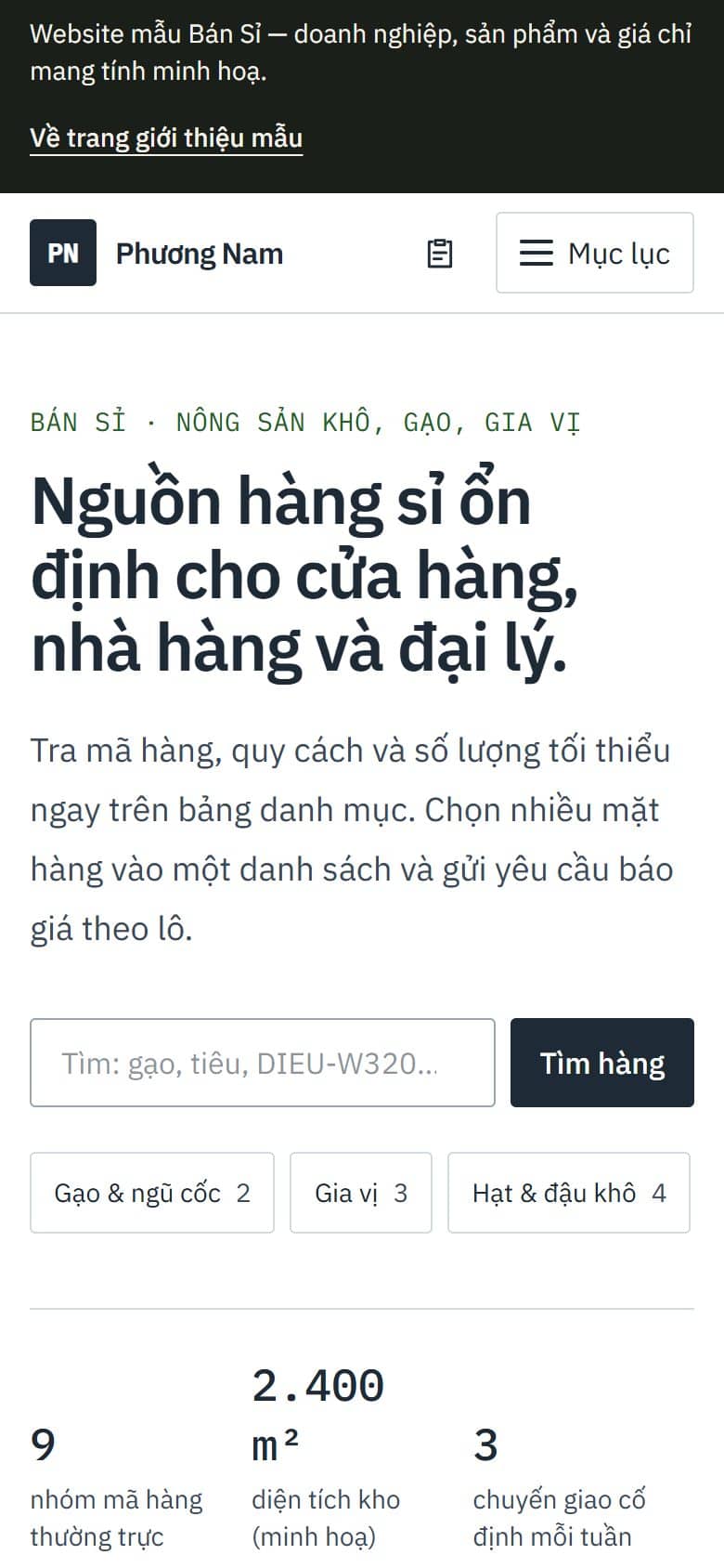 Ảnh chụp mẫu Bán Sỉ trên điện thoại: ô tìm hàng và nút yêu cầu báo giá
